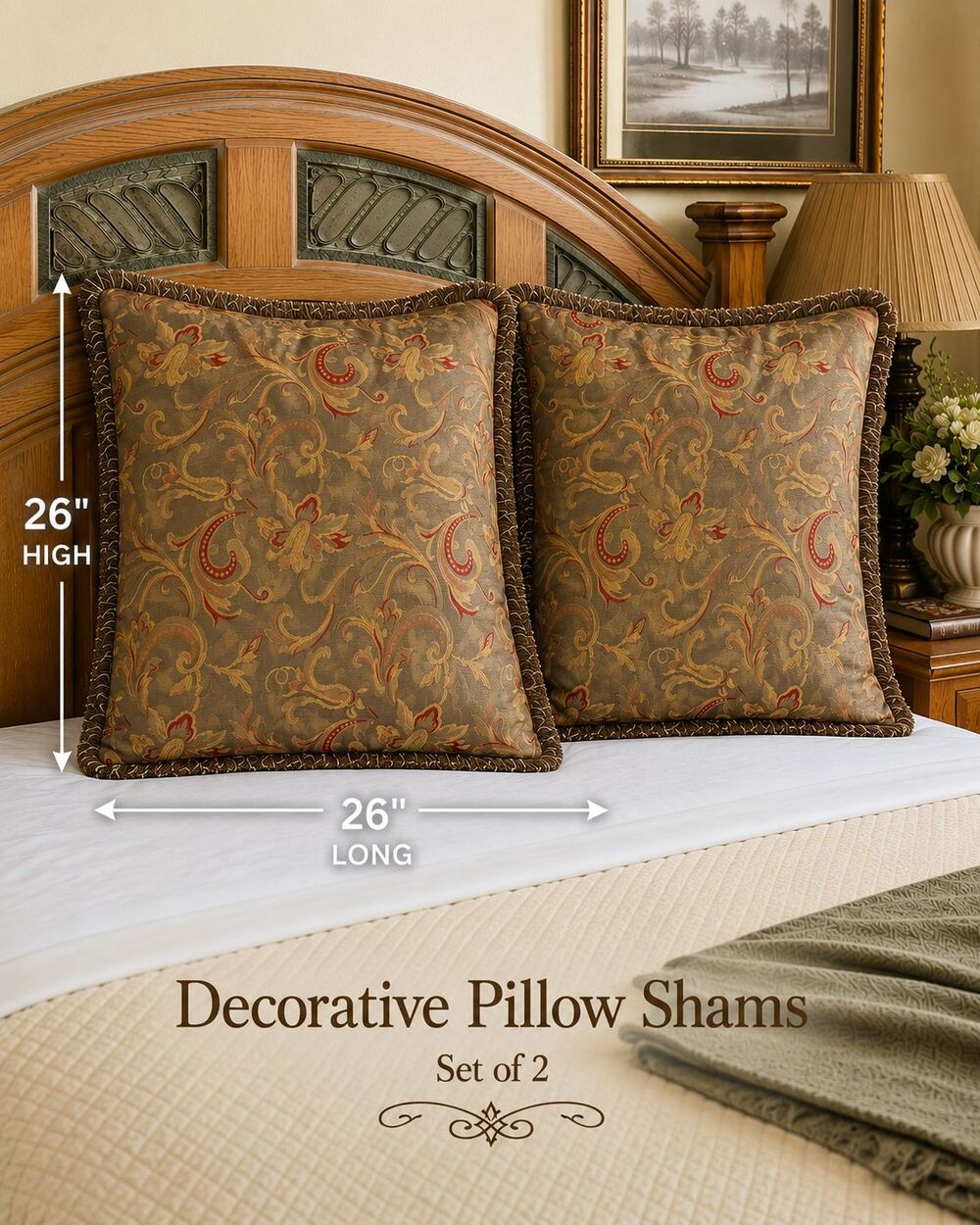 Set of 2 Decorative Pillow Shams 26x26 Brown Gold Red Floral Paisley Fringe
